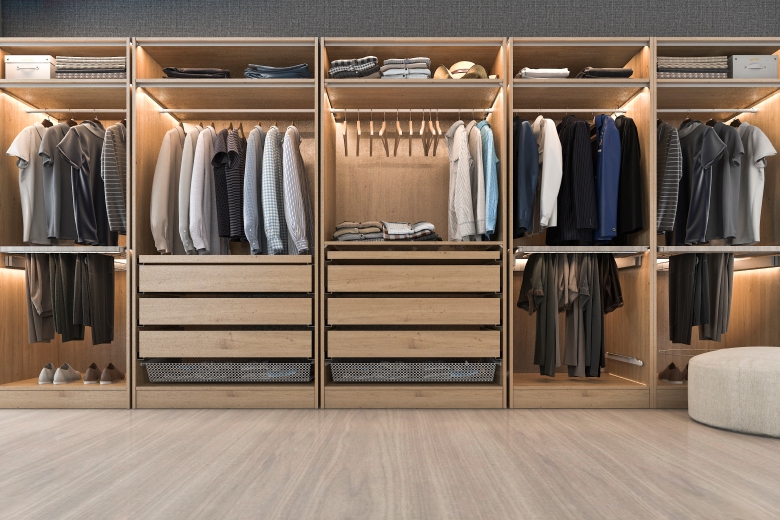 modern scandinavian white wood walk in closet with wardrobe near window 